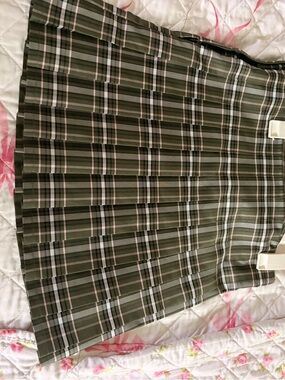 No Boundaries Olive Plaid Pleated Mini Skirt